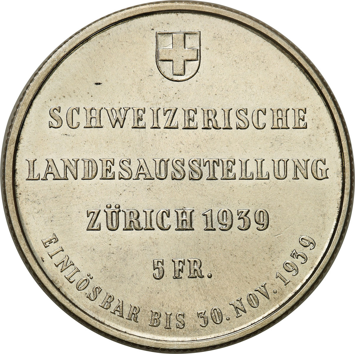 Szwajcaria. 5 franków 1939, Berno, Wystawa w Zurichu - NAKŁAD 6.000 sztuk